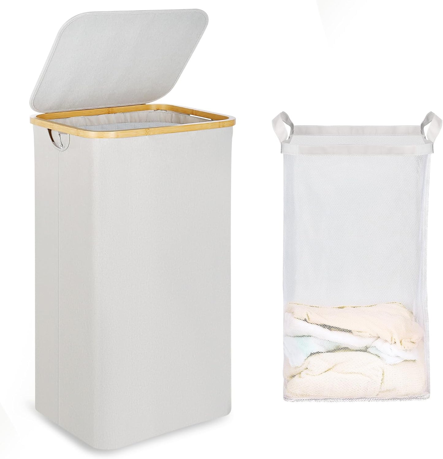 efluky Laundry Basket with Lid and Removable Bag, 100L Tall Laundry Hamper with Bamboo Handles