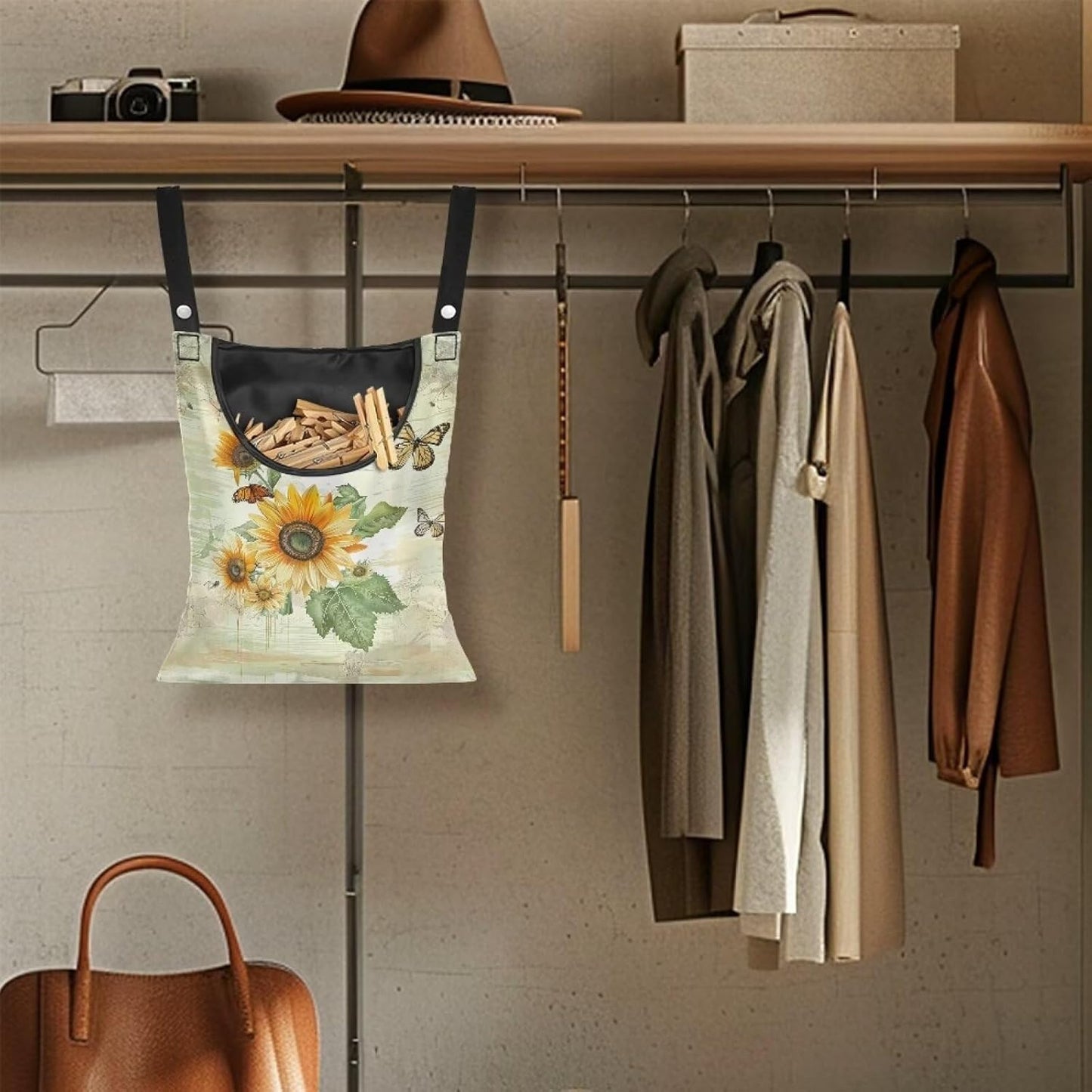 Sunflowers Butterfly Clothespin Bag Clothespin Bag for Clothesline Outdoor Clothespin Storage with