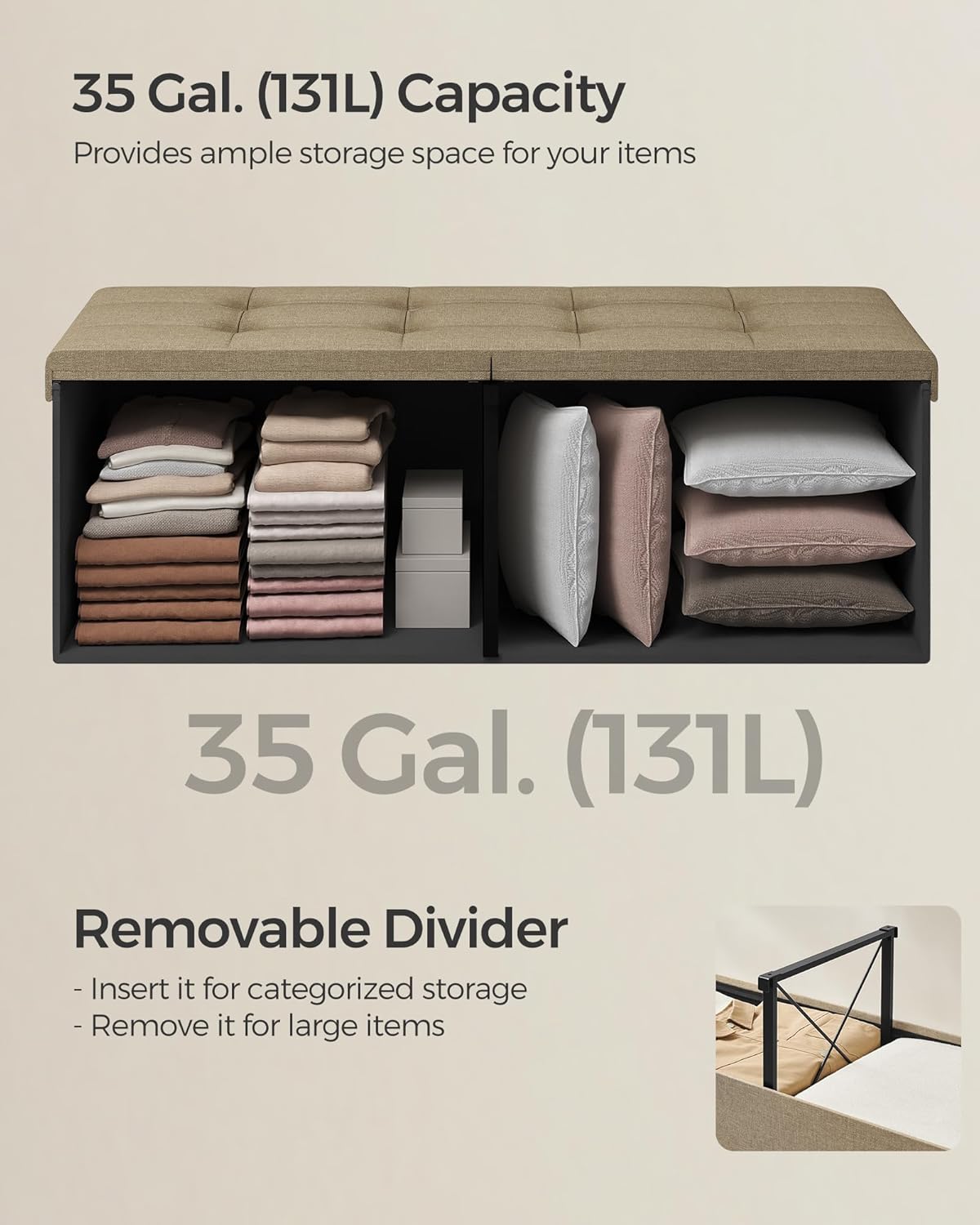 SONGMICS Mazie Collection - 43 Inches Storage Ottoman, Foldable Storage Bench with Flipping Lid