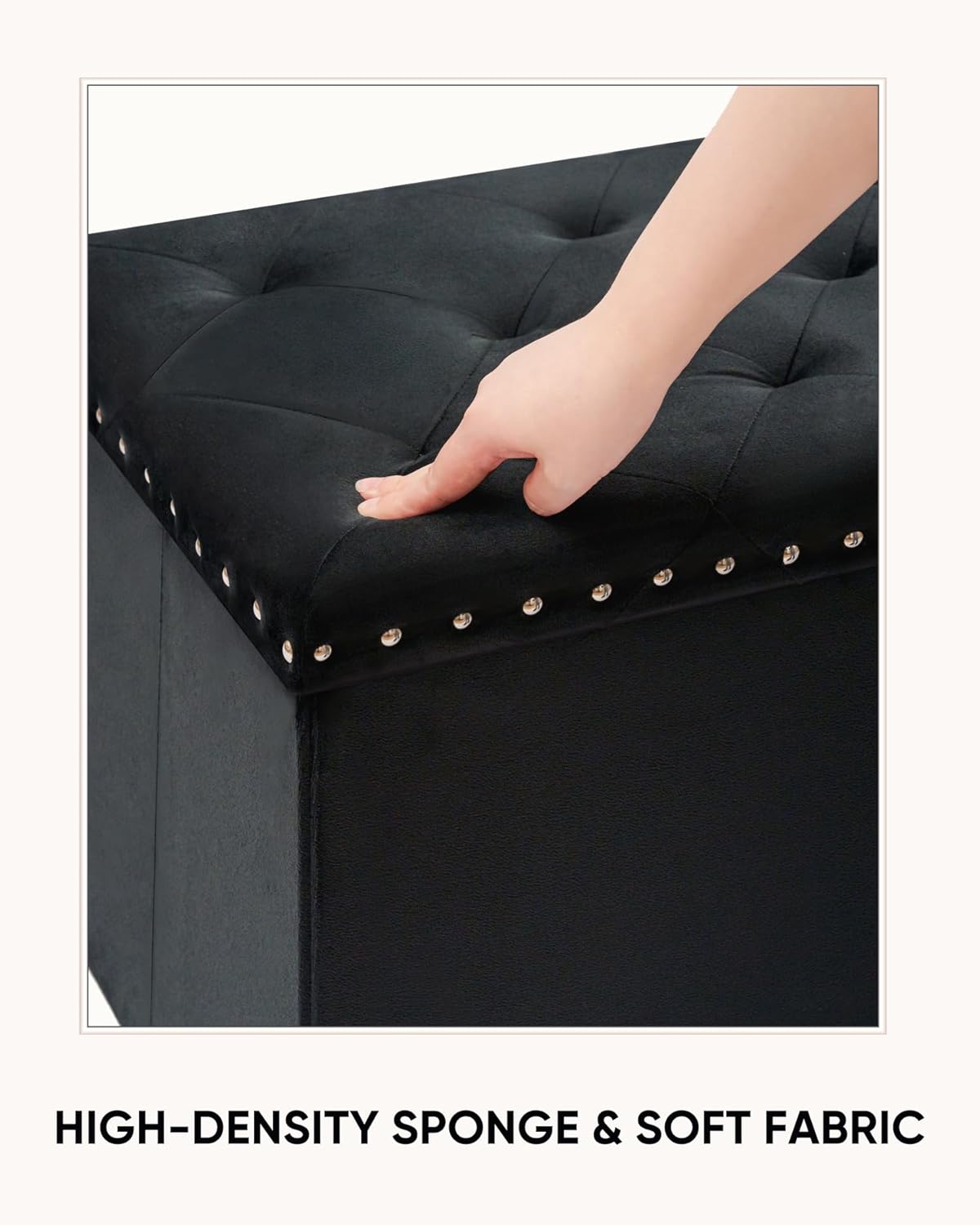 Velvet Storage Ottoman Bench, 43.3" Folding Ottoman with Rivet Trim, Heavy-Duty Upholstered