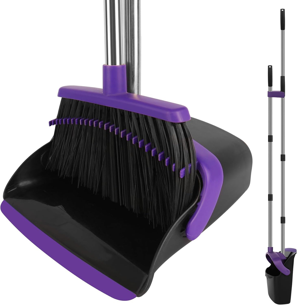Broom and Dustpan Set, Large Household Dustpans and Broom with 55 Inch Long Handle, Pueple Broom
