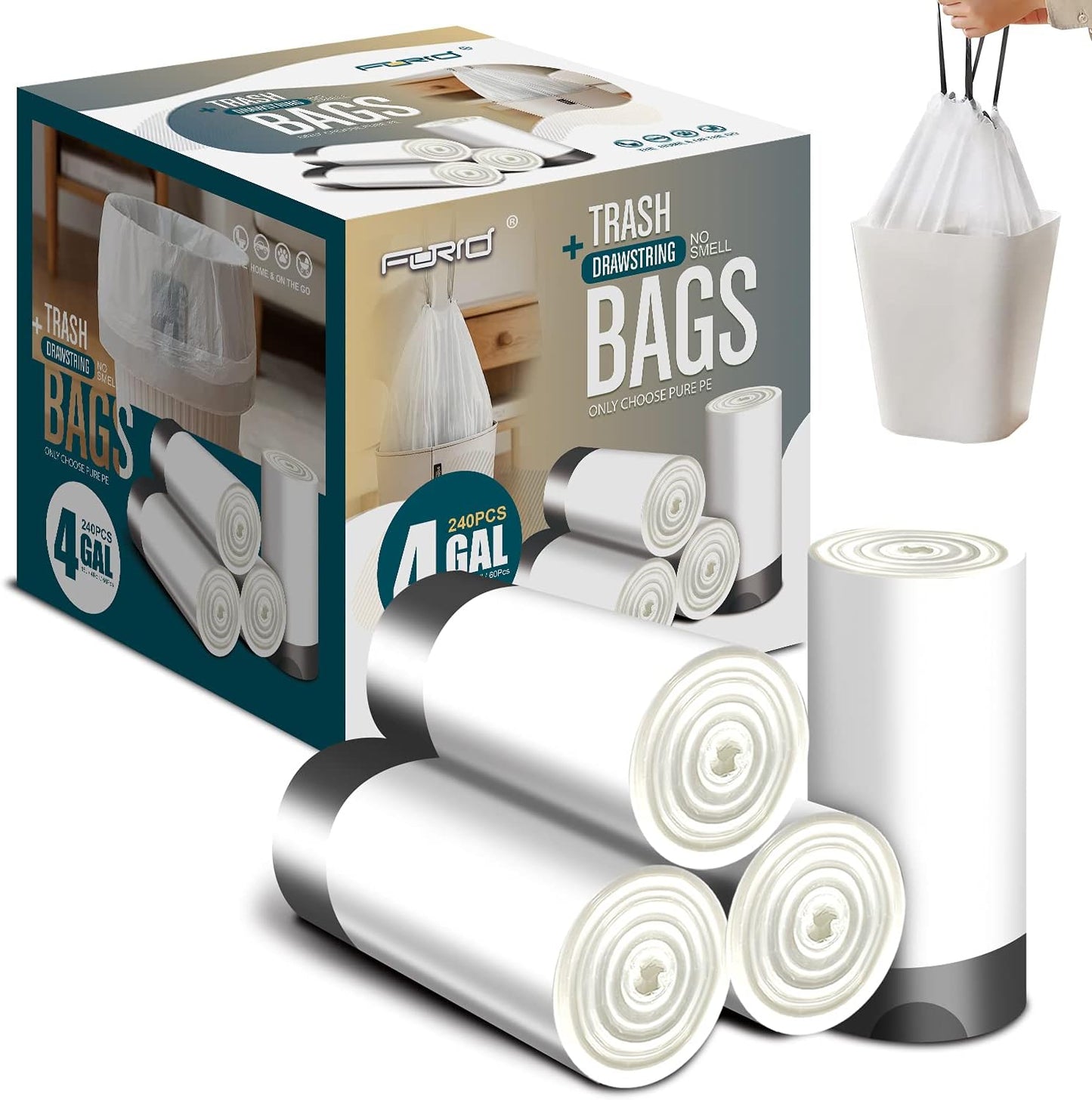 FORID Small Drawstring Trash Bags - 4 Gallon Plastic Garbage Bags 240 Counts White Trash Can Liners