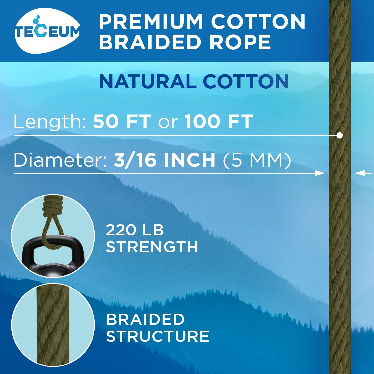 TECEUM Cotton Rope 3/16” (5 mm) – 100 FT – Strong All-Purpose Braided Rope – Natural Cotton – for