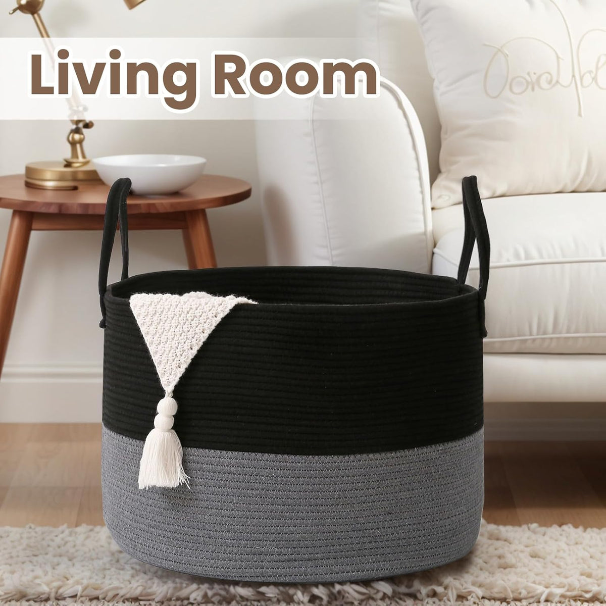 Woven Blanket Basket,65L Large Rope Storage Bin with Handles, Organizer for Blankets Toys Book and