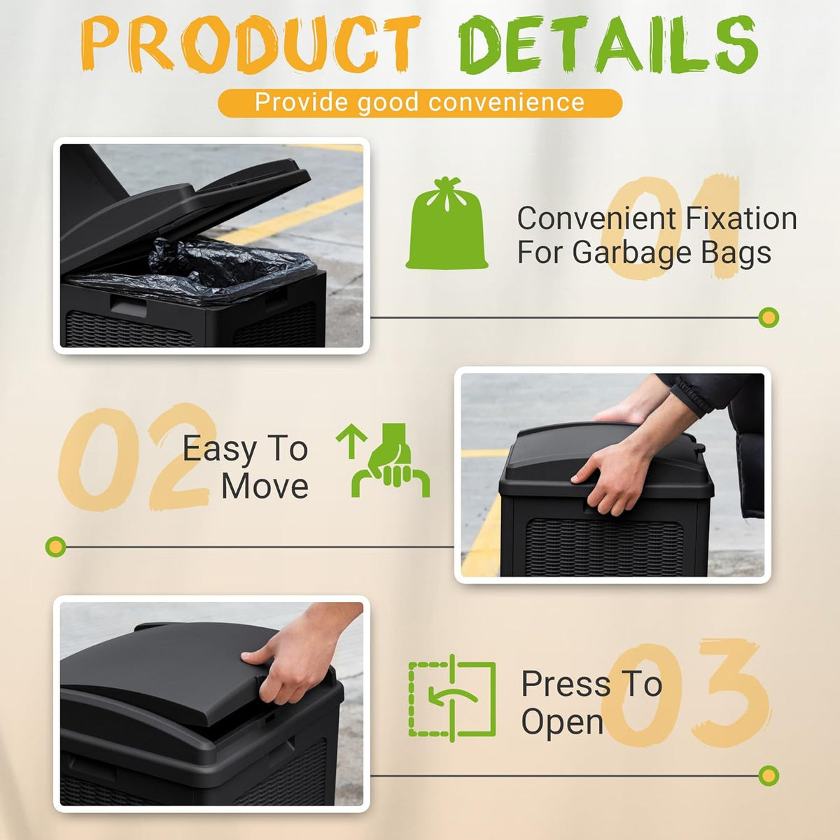 YESHOMY 33 Gallon Resin Outdoor Trash Can with Lid, Hideaway Waterproof Patio Garbage Bin, Black