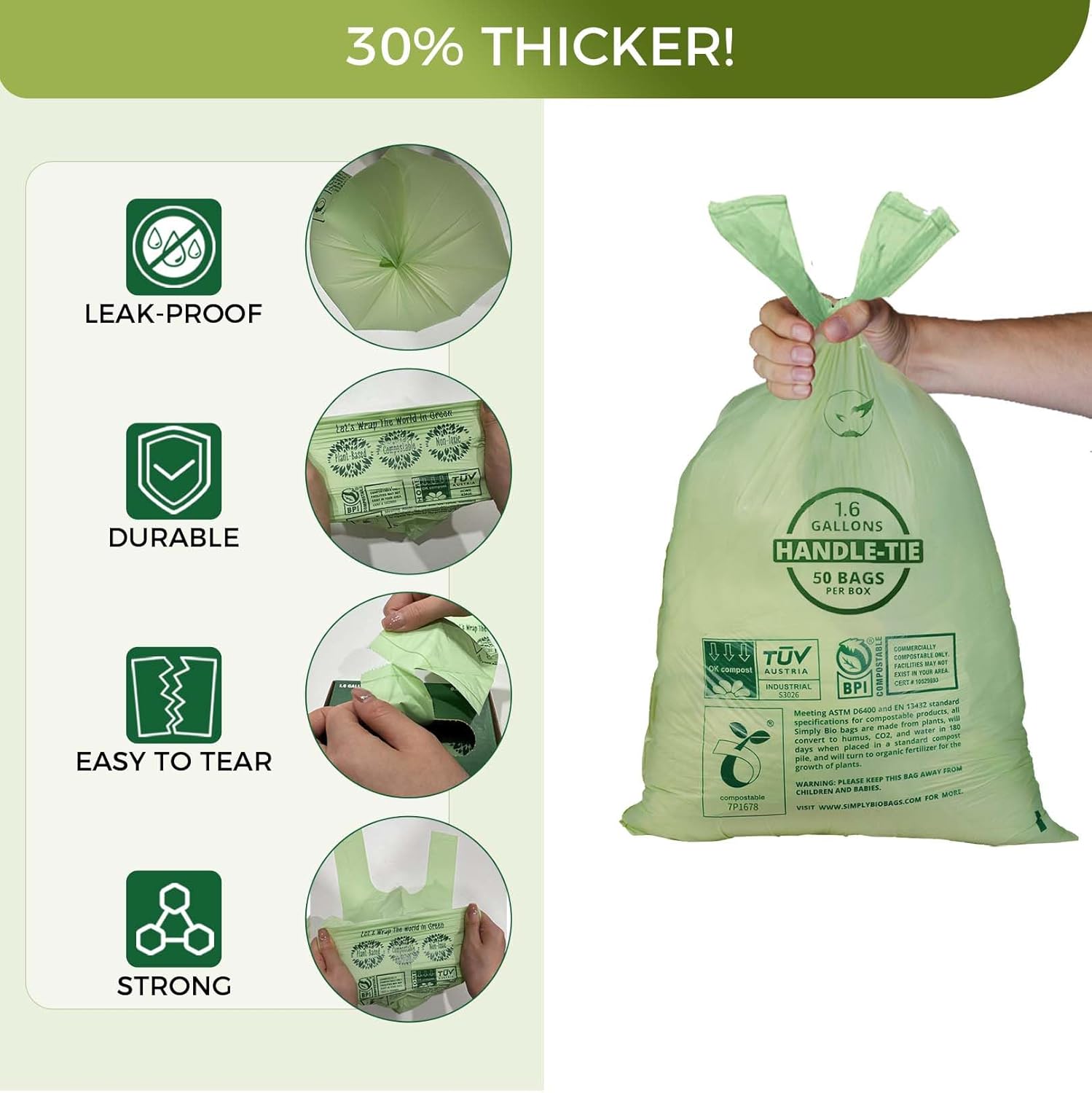 1.6 Gallon Compostable Trash Bags Drawstring, Heavy Duty Extra Thick 0.6 Mil, 6.06 Liter, 50 Bags