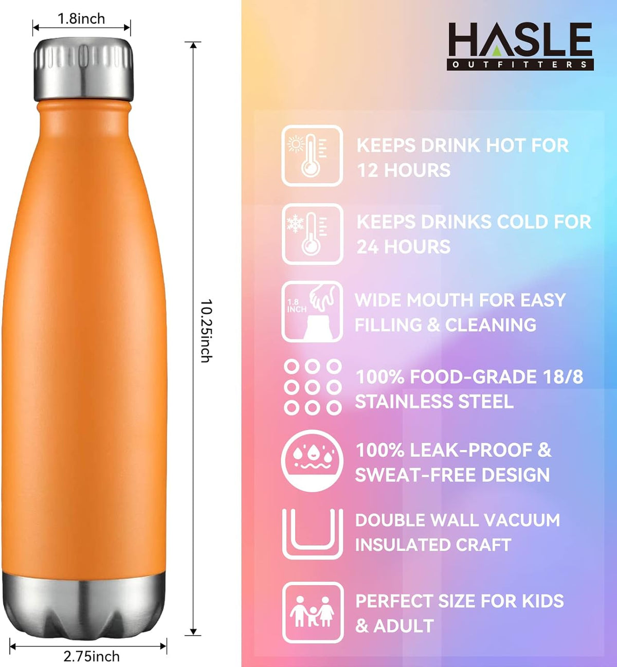 HASLE OUTFITTERS 17oz Stainless Steel Water Bottles, Vacuum Insulated Water Bottles Double Walled