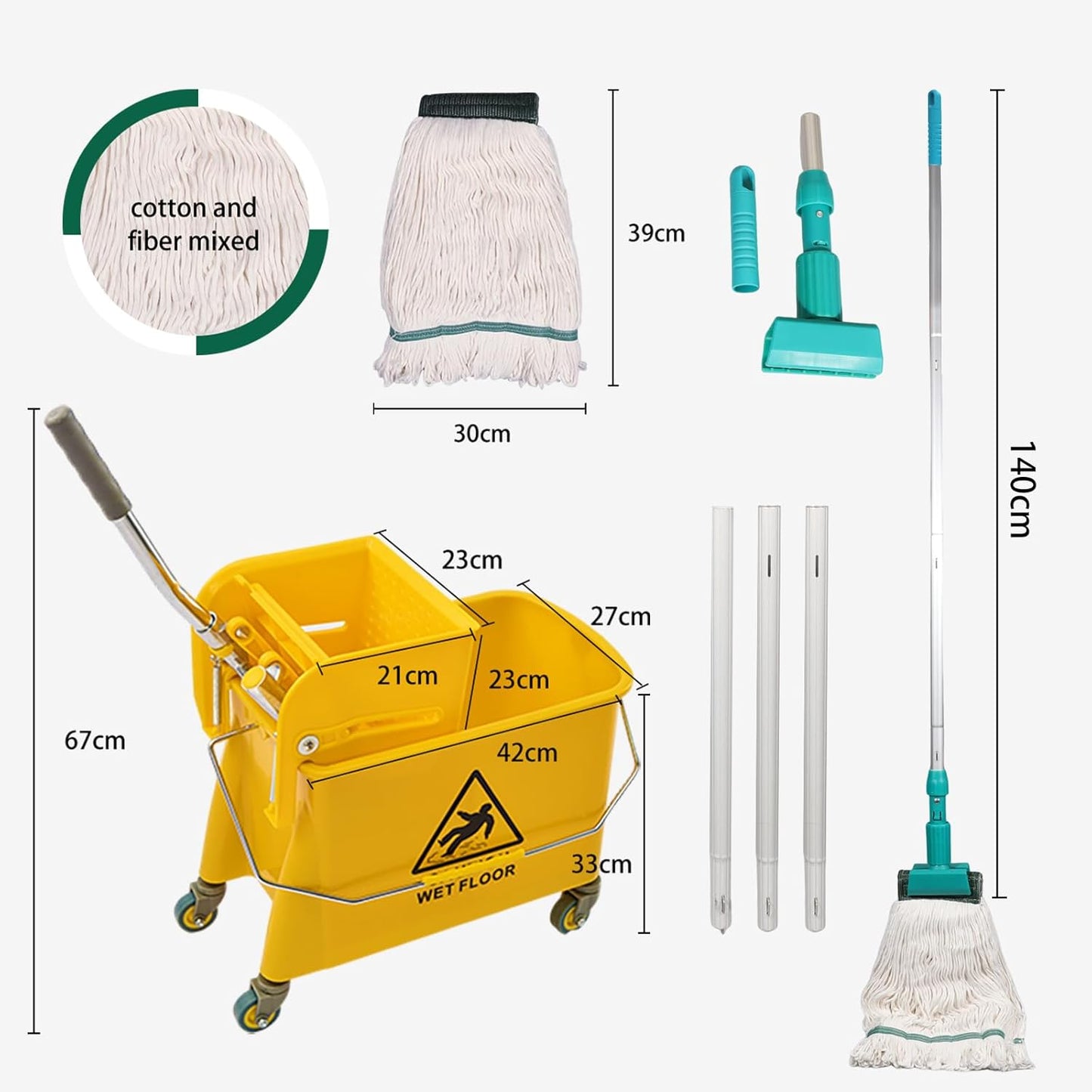 22 Qt (5.5 Gallon) Mop Bucket with Wringer for Floor Cleaning, Handle, Wheels, 16.5" L x 10.6" W x