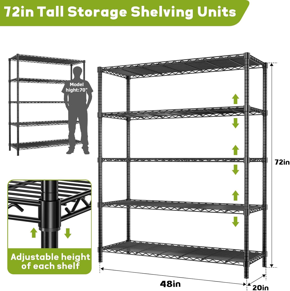 Storage Shelves, 4 PCS 48" L x 20" W x 72" H Heavy Duty Garage Wire Shelving Unit Loads 2000LBS