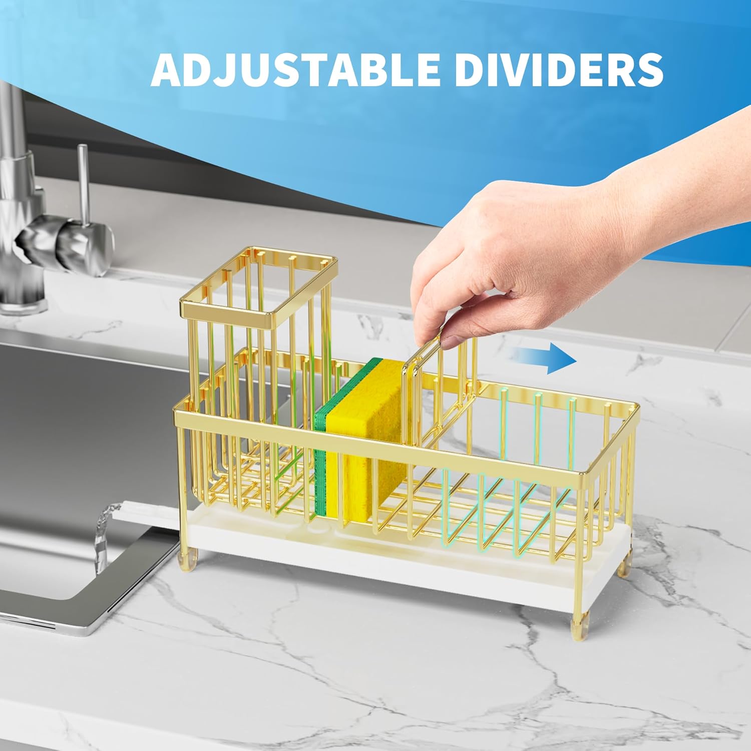 Cisily Gold Sponge Holder for Kitchen Sink, Sink Caddy Organizer with High Brush Holder, Kitchen