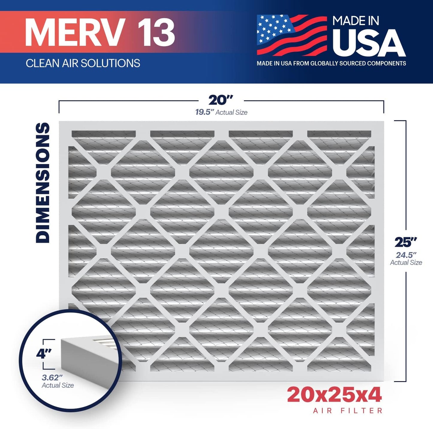 BNX TruFilter 20x25x4 (19.5’’ x 24.5’’ x 3.63‘’ Slim Fit) MERV 13 Air Filter (2-Pack) - MADE IN USA
