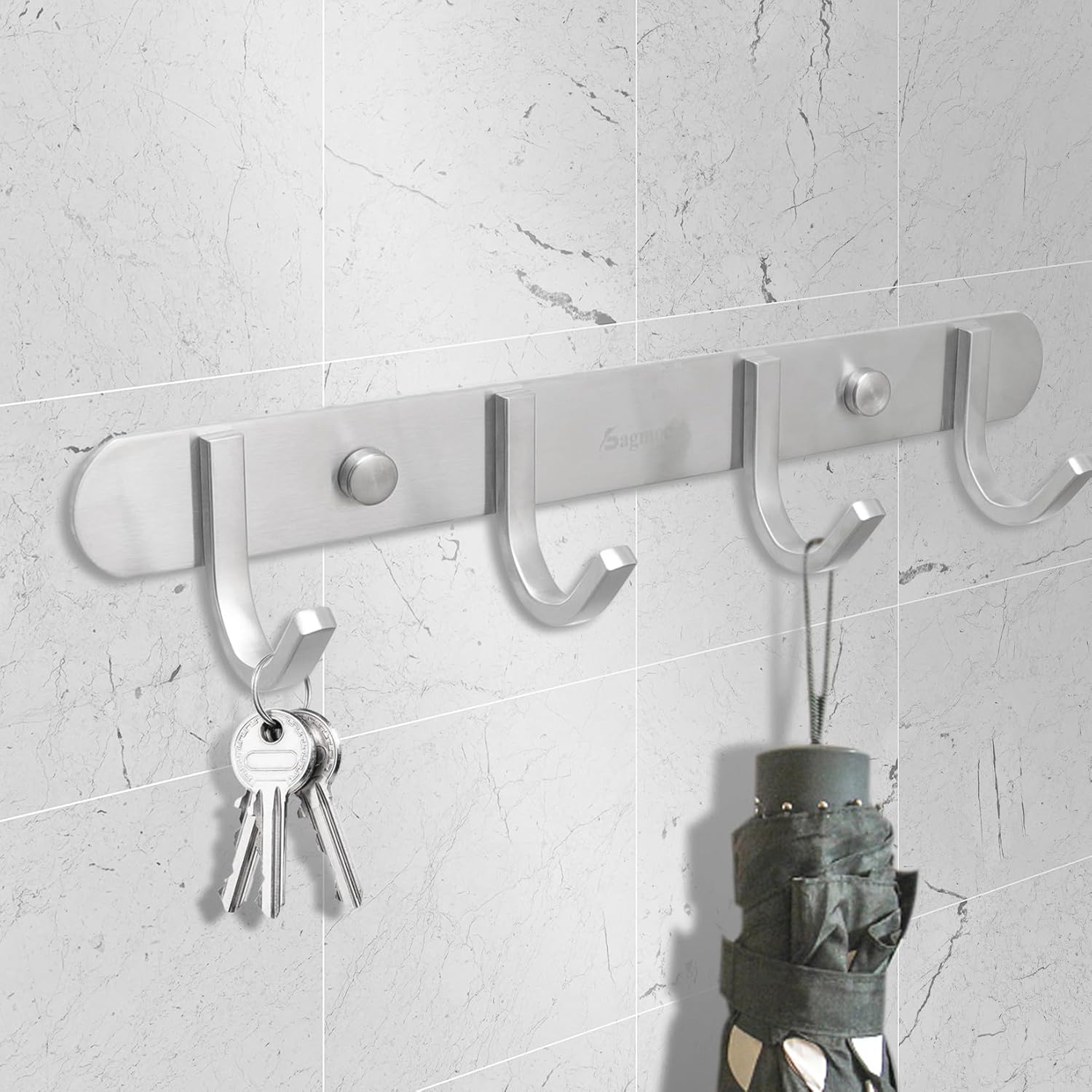 Coat Hook Rack Brushed Nickel 10.6-Inch Coat&Towel Hook Rail Wall Mounted with 4 Hooks, Durable
