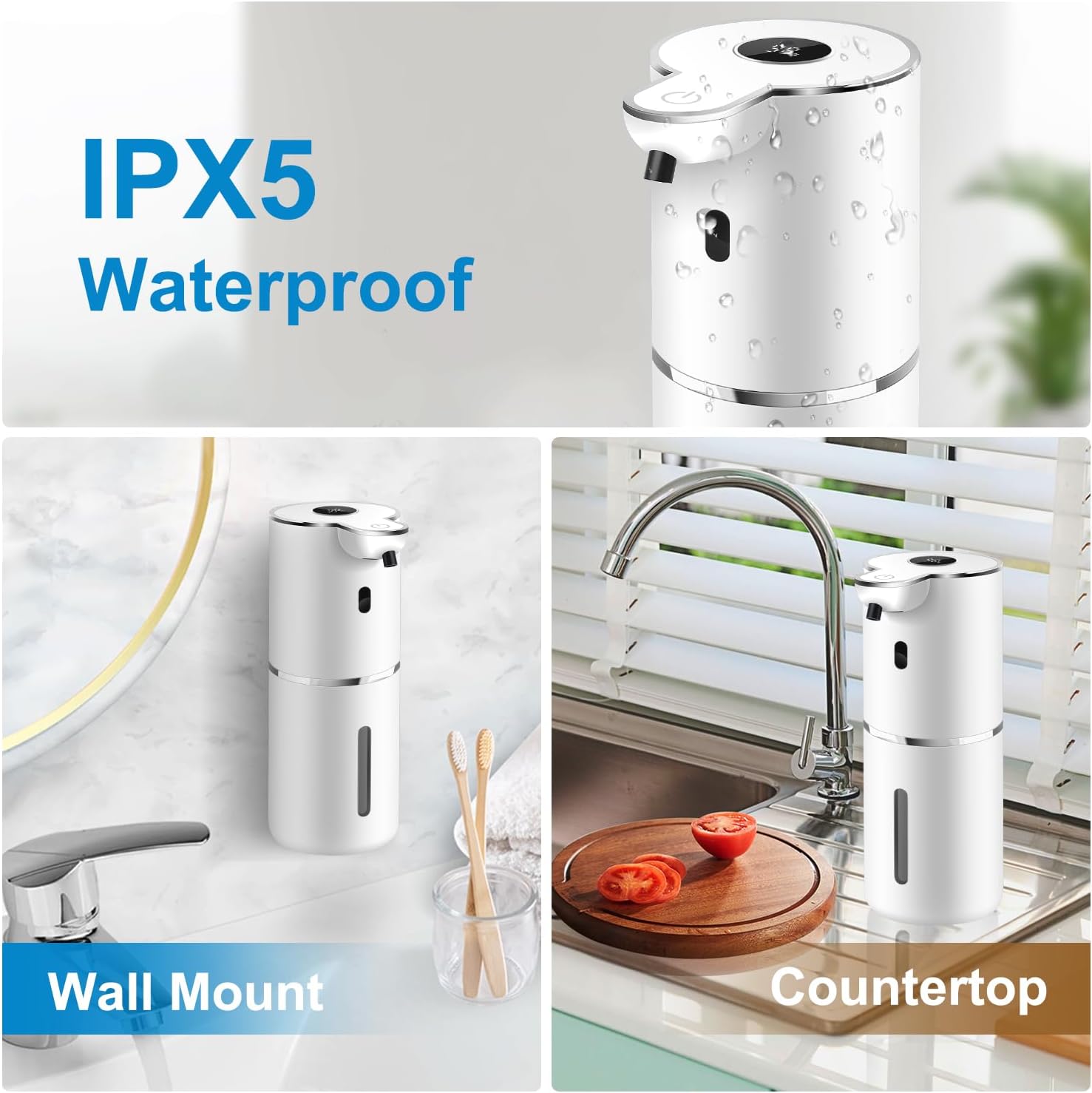 Automatic Liquid Soap Dispenser 12.8oz, Rechargeable & 6 Levels Soap Adjustable with Digital