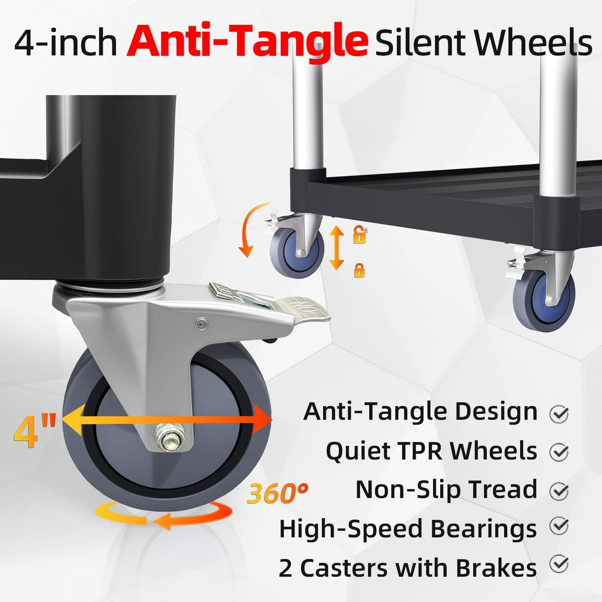 Plastic Utility Cart with Anti-Tangle Wheels, Solid Armrests, 350 Lbs Heavy Duty Capacity, 3-Tier