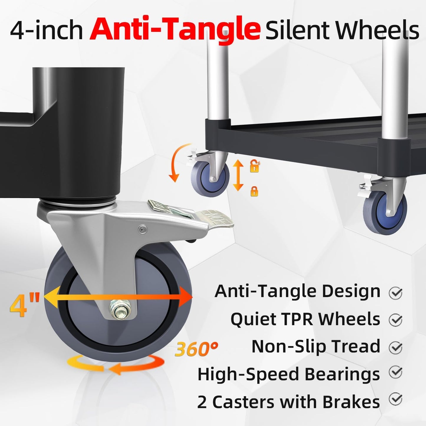 Plastic Utility Cart with Anti-Tangle Wheels, Solid Armrests, 450 Lbs Heavy Duty Capacity, 3-Tier