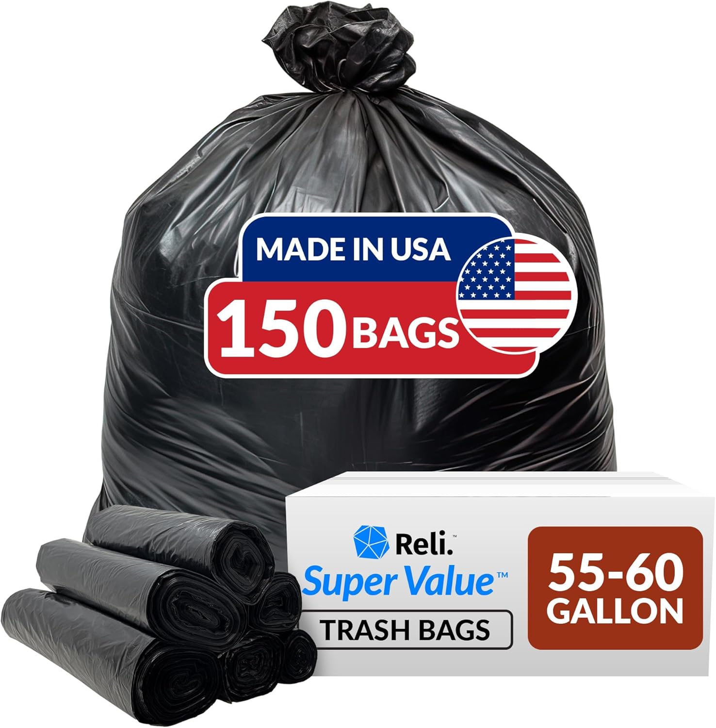 Reli. 55-60 Gallon Trash Bags Heavy Duty | 150 Count | 50-60 Gallon | Large Black Garbage Bags |
