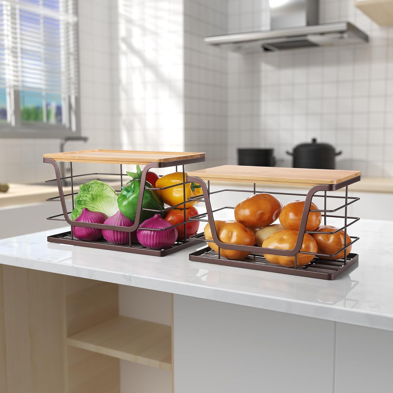 ALOCEO 2 Pack Large Pantry Baskets with Bamboo Lip, Stainless Steel Garbage Bag Holder Dispenser
