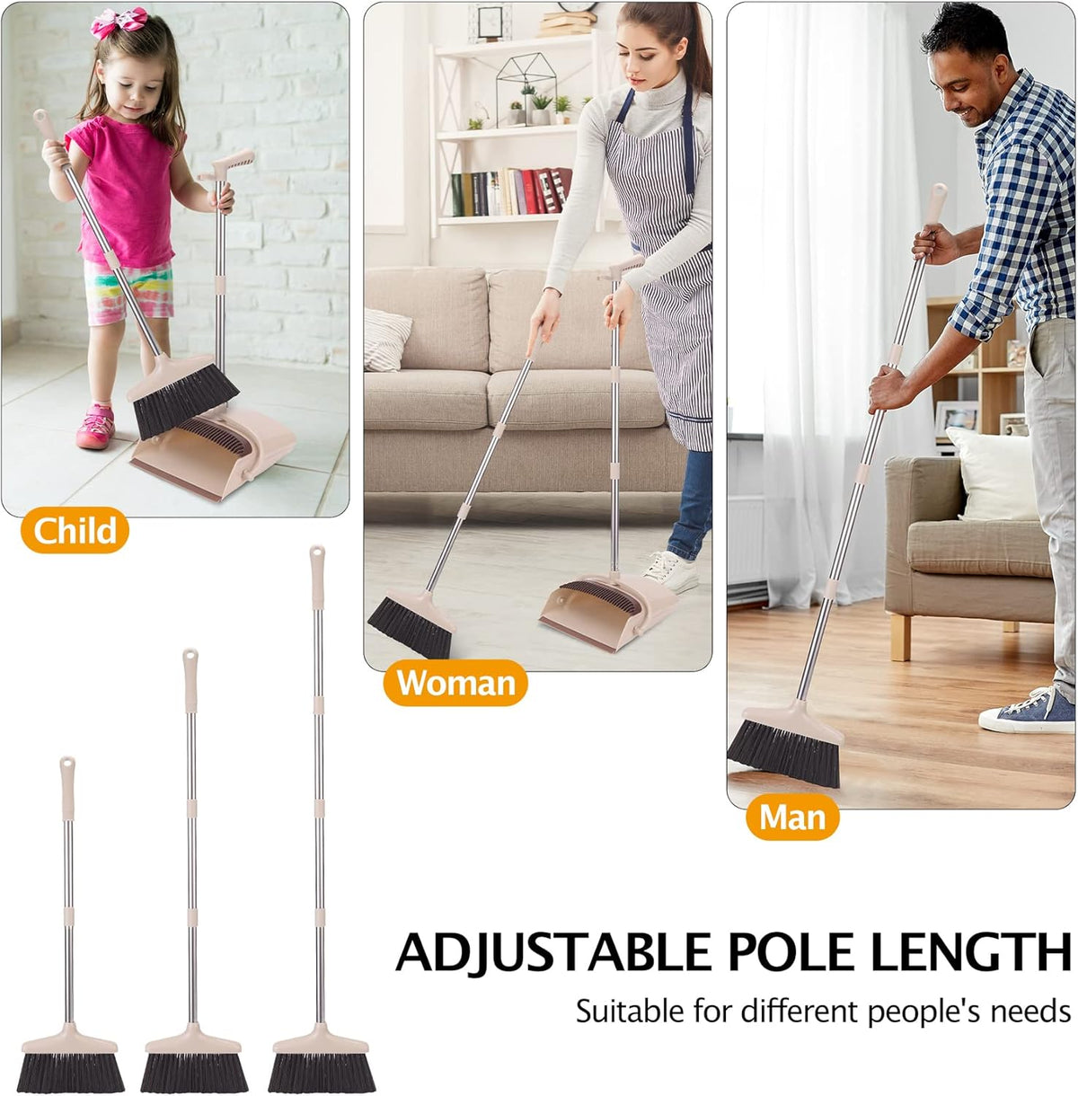 Broom and Dustpan Set with Long Handle, Light Weight Stainless Steel Poles Stand Upright Dustpans