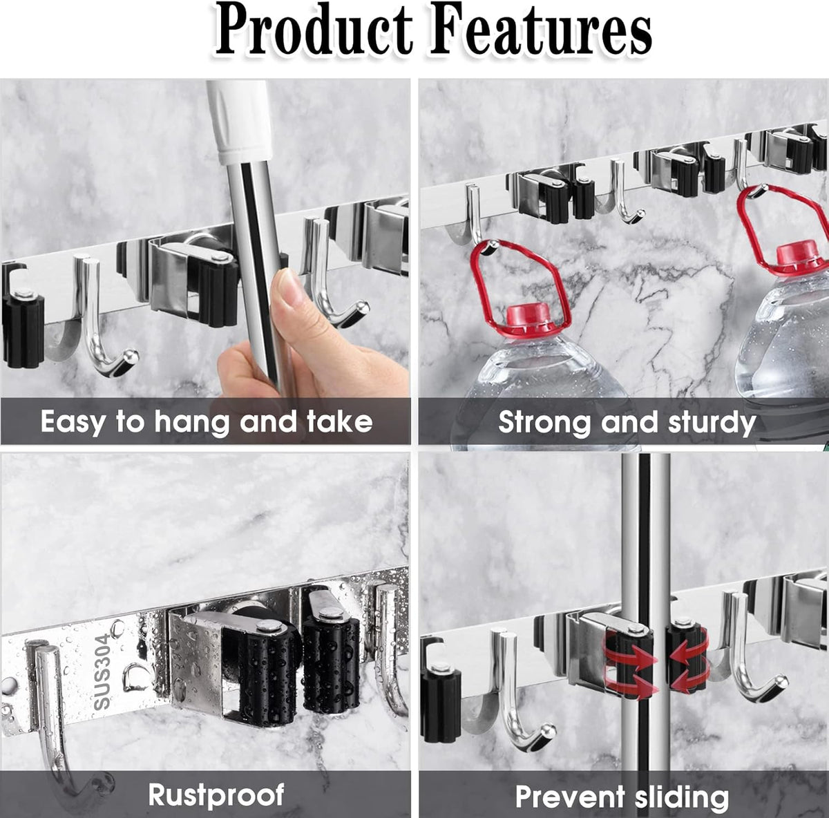 2 Pack 3 Racks and 4 Hooks Broom and Mop Holder Wall Mounted Garage Organizer Storage Tool Racks