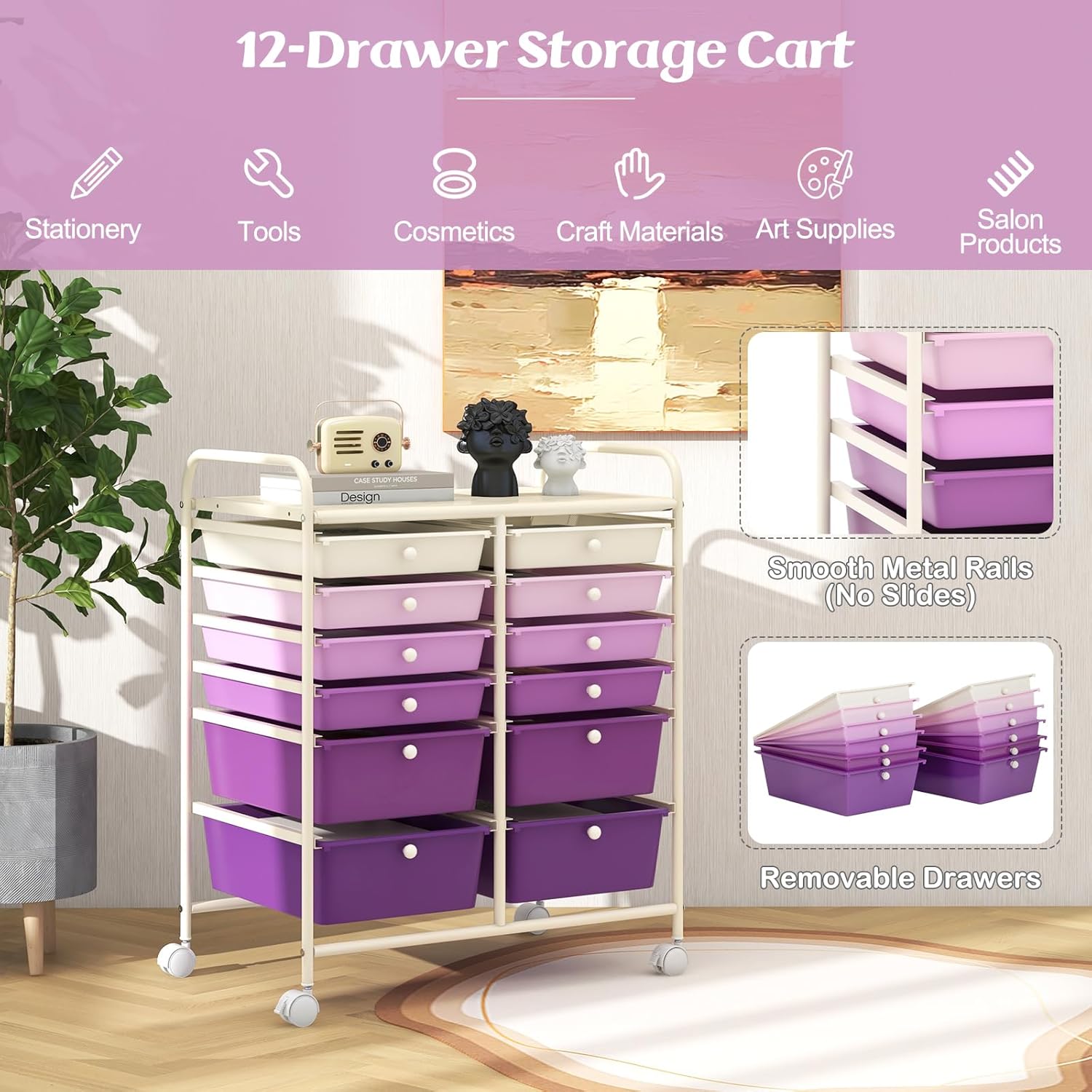 GOFLAME 12-Drawer Rolling Storage Cart, Multipurpose Organizer Cart with 2 Sizes Plastic Drawers