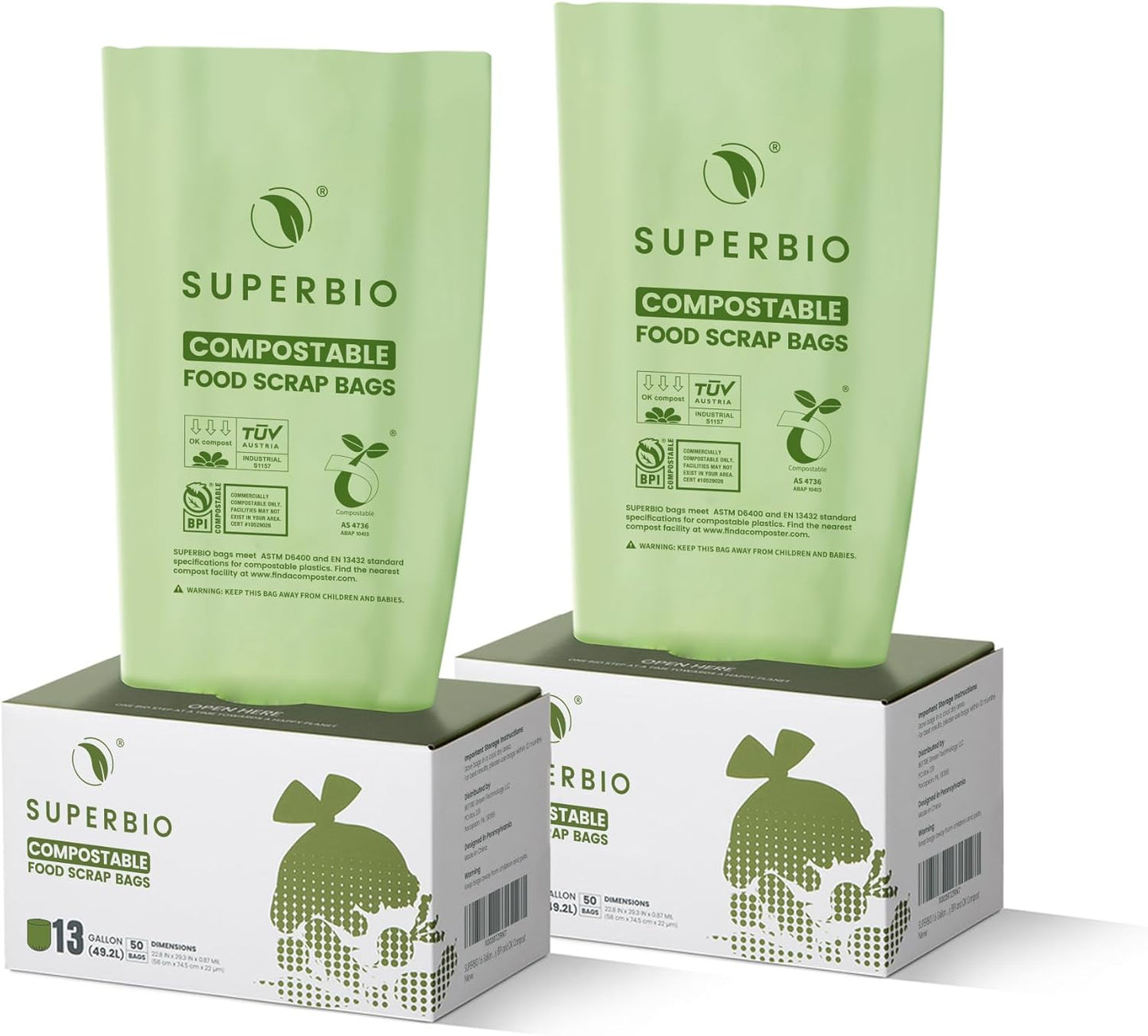 SUPERBIO 13 Gallon Flat Top Compostable Food Waste Bags, 50 Count, 2 Pack, 49.2L, 0.87 Mil, ASTM