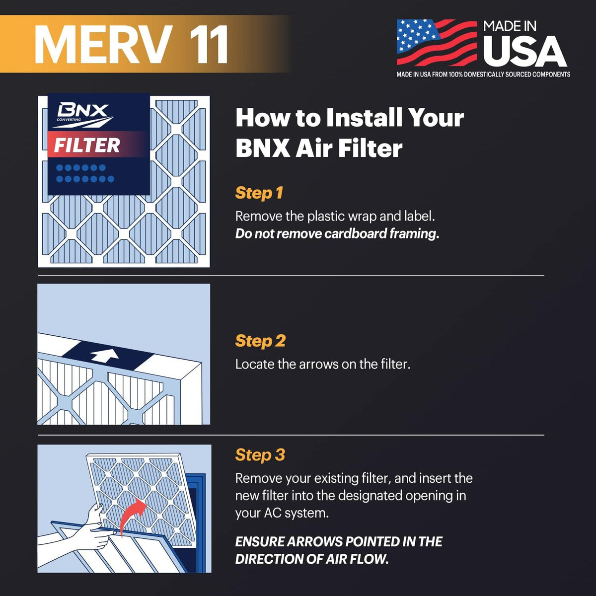 BNX TruFilter 16x20x1 Air Filter MERV 11 (6-Pack) - MADE IN USA - Allergen Defense Electrostatic