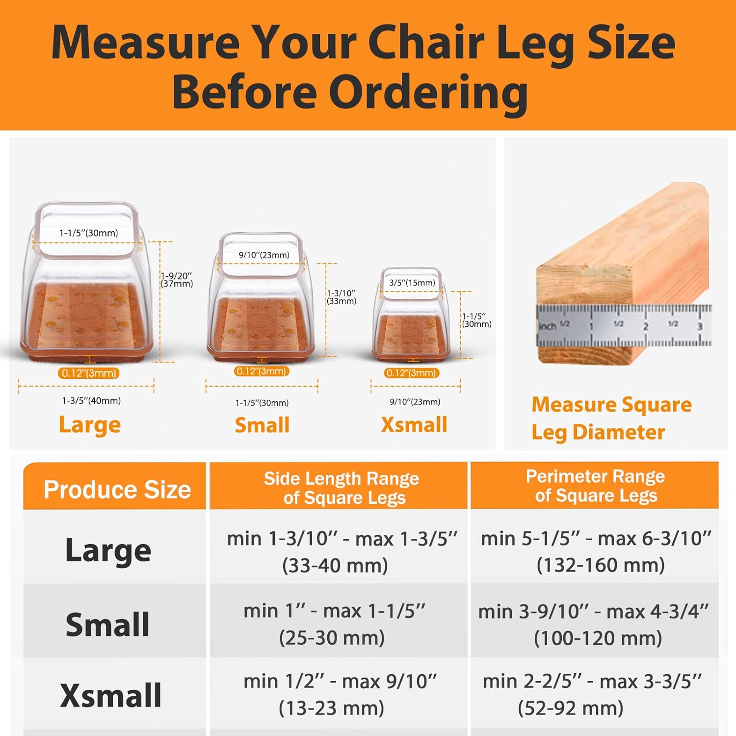 36 Pcs Square Chair Leg Floor Protectors, Felt Furniture Pads for Hardwood Floors, Chair Leg