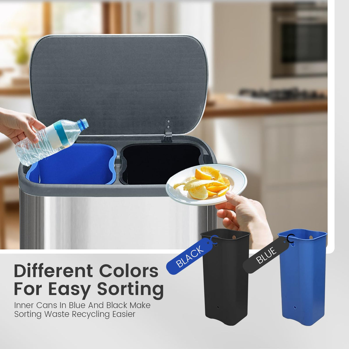 Kitchen Trash Can 16 Gallon, 2 x 30 Liters Trash and Recycle bin Combo, Dual Compartment & Soft
