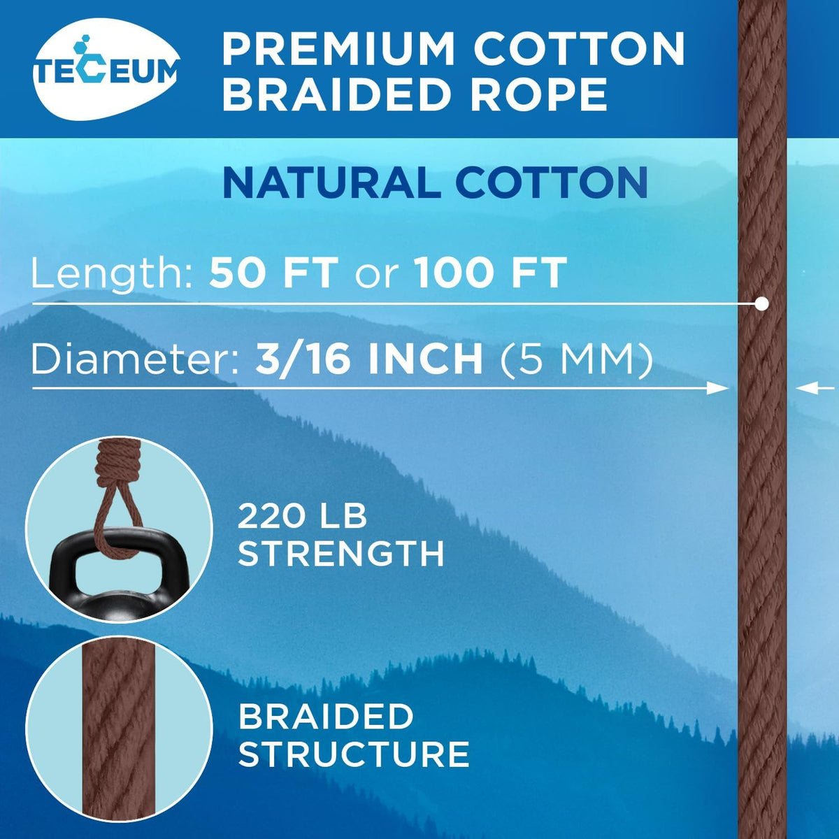 TECEUM Cotton Rope 3/16” (5 mm) – 100 FT – Strong All-Purpose Braided Rope – Natural Cotton – for
