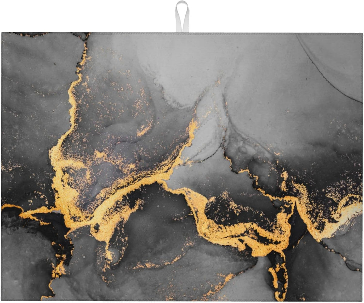 Black Gray Gold Marble Kitchen Drying Mat Abstract Modern Microfiber Dish Drainer Mat for Kitchen