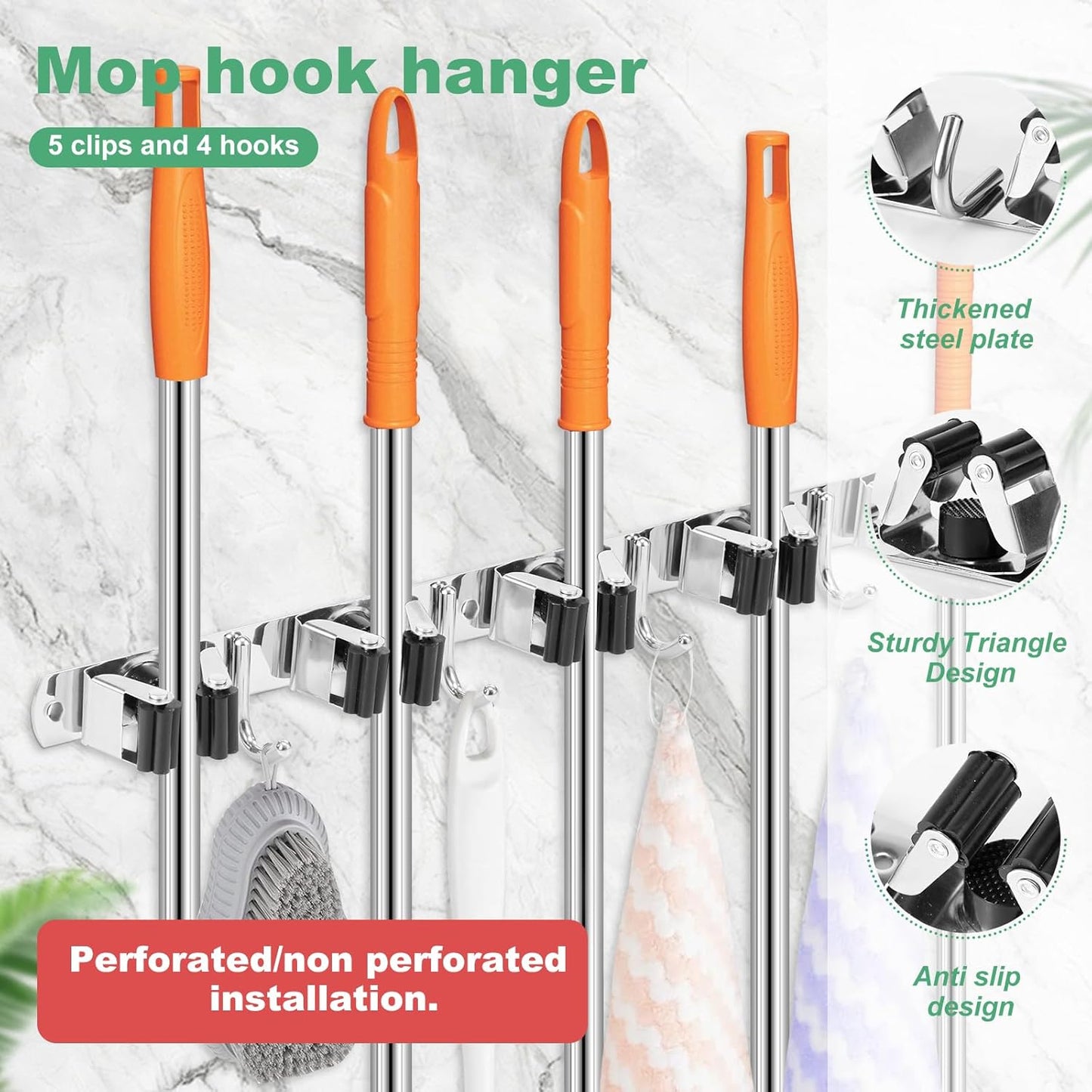 5Pcs 5 Racks 4 Hooks Stainless Steel Broom Mop Holder Anti Slip Wall Mount Broom Storage Rack
