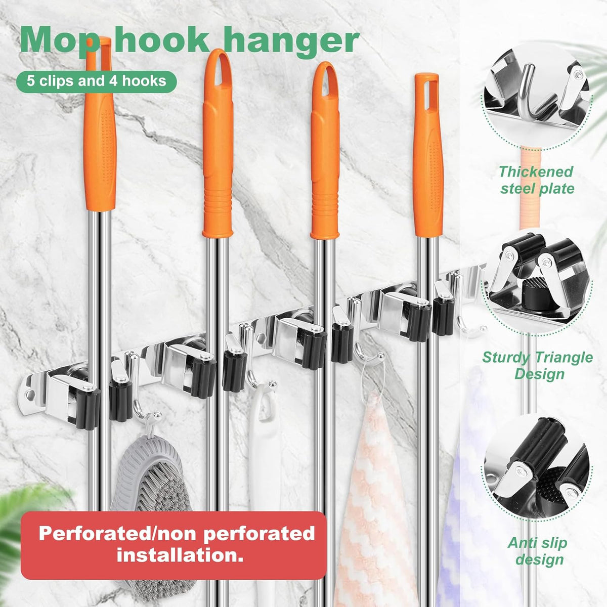 2Pcs 5 Racks 4 Hooks Stainless Steel Broom Mop Holder Anti Slip Wall Mount Broom Storage Rack