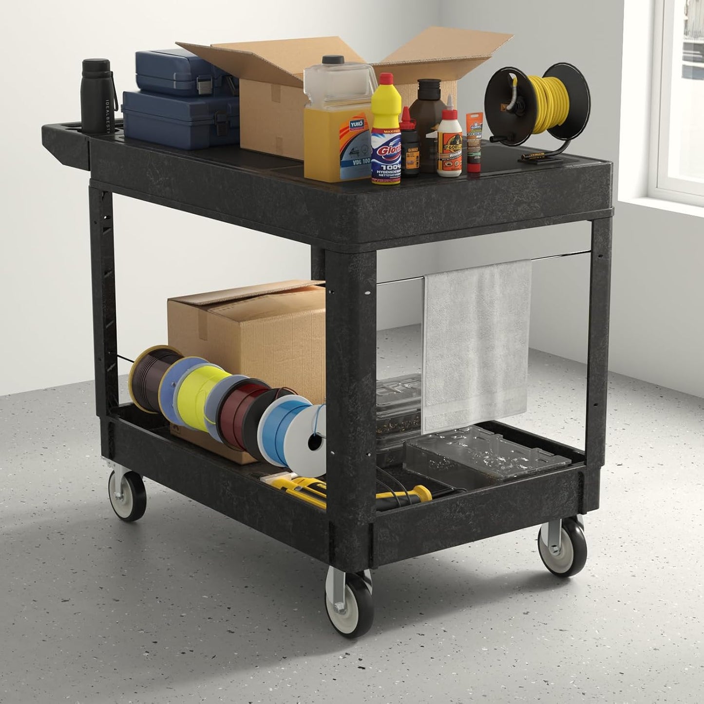 Utility Cart on Wheels, Heavy Duty Large Flat Top Rolling Service Cart, 46 x 25 Inch Work Carts, 2
