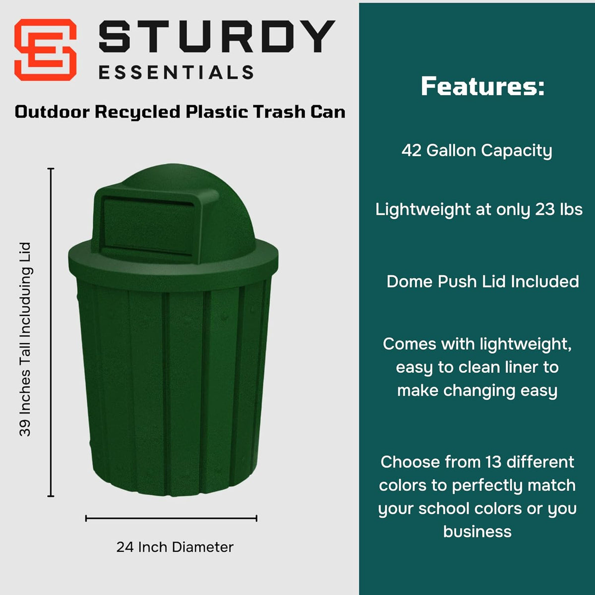 42 Gallon Slatted Circle 100% Recycled Plastic Commercial Outdoor and Indoor Trash Can with Push
