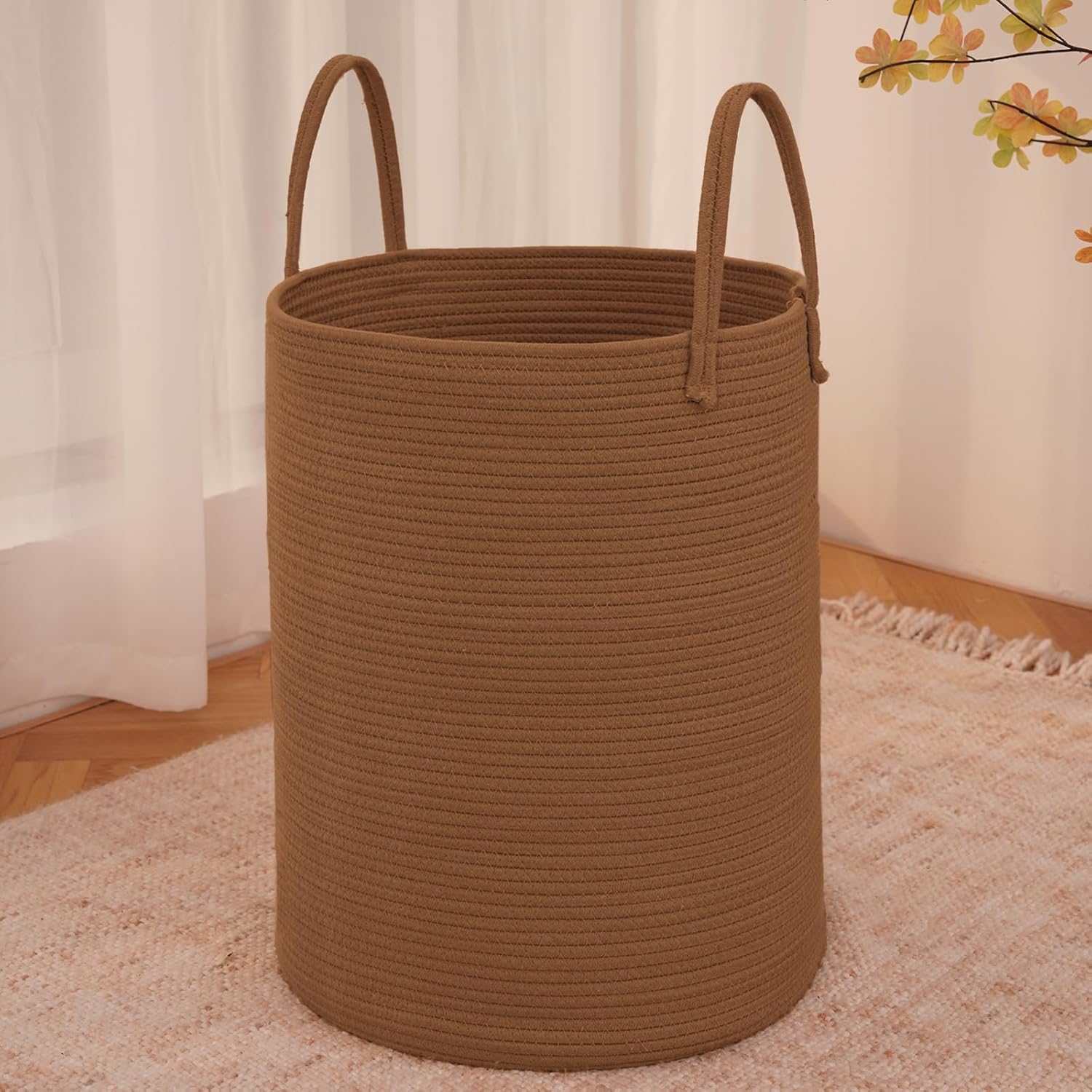 Large Woven Laundry Basket Hamper,60L Cotton Rope Storage Bin for Blankets,Toys and