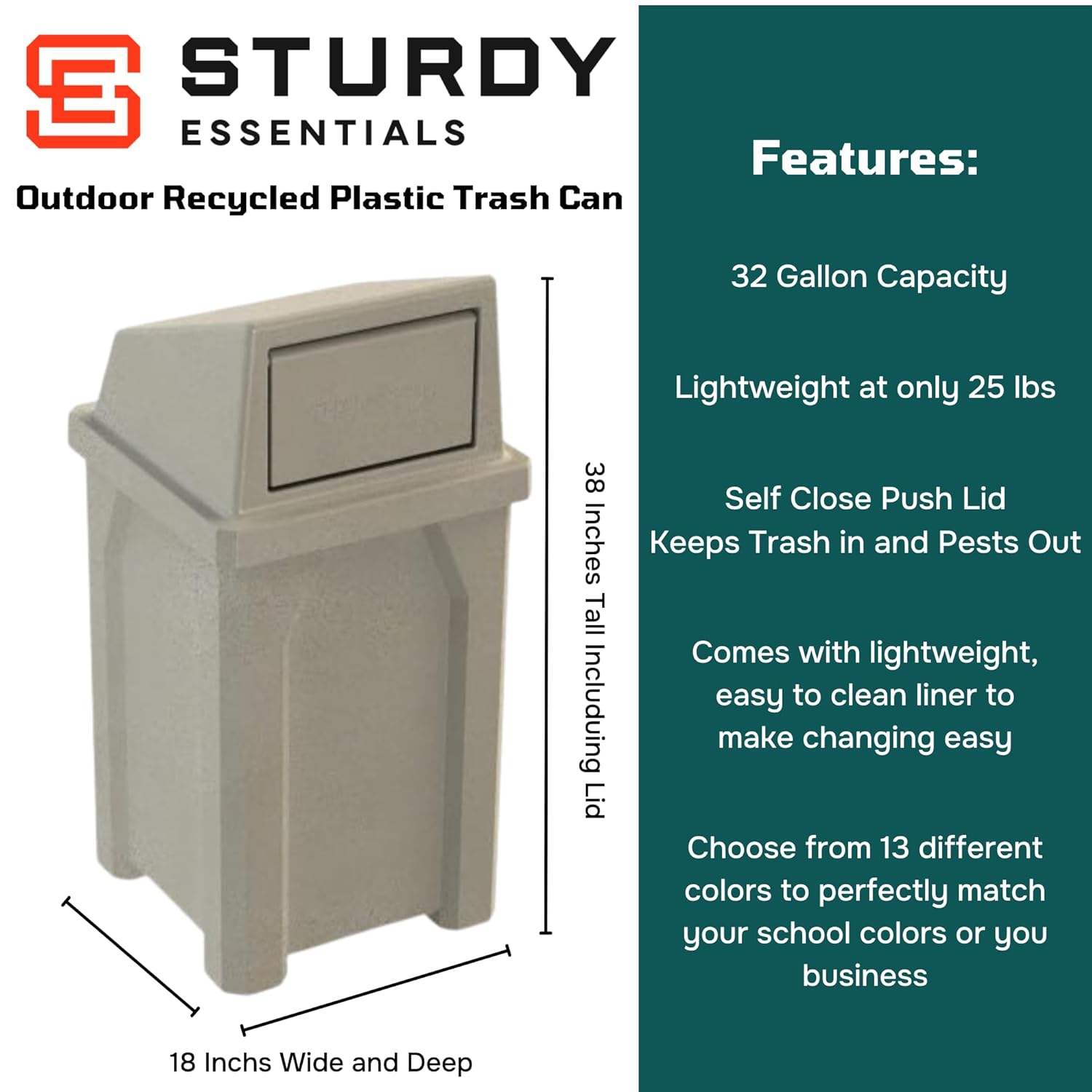 32 Gallon Square 100% Recycled Plastic Heavy Duty Commercial Outdoor or Indoor Trash Can with Push
