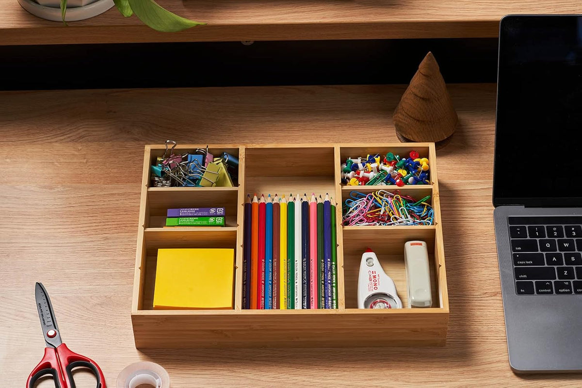 Umilife Desk Drawer Organizer, Bamboo Wood Organizer Tray with Adjustable Compartments, Office Desk