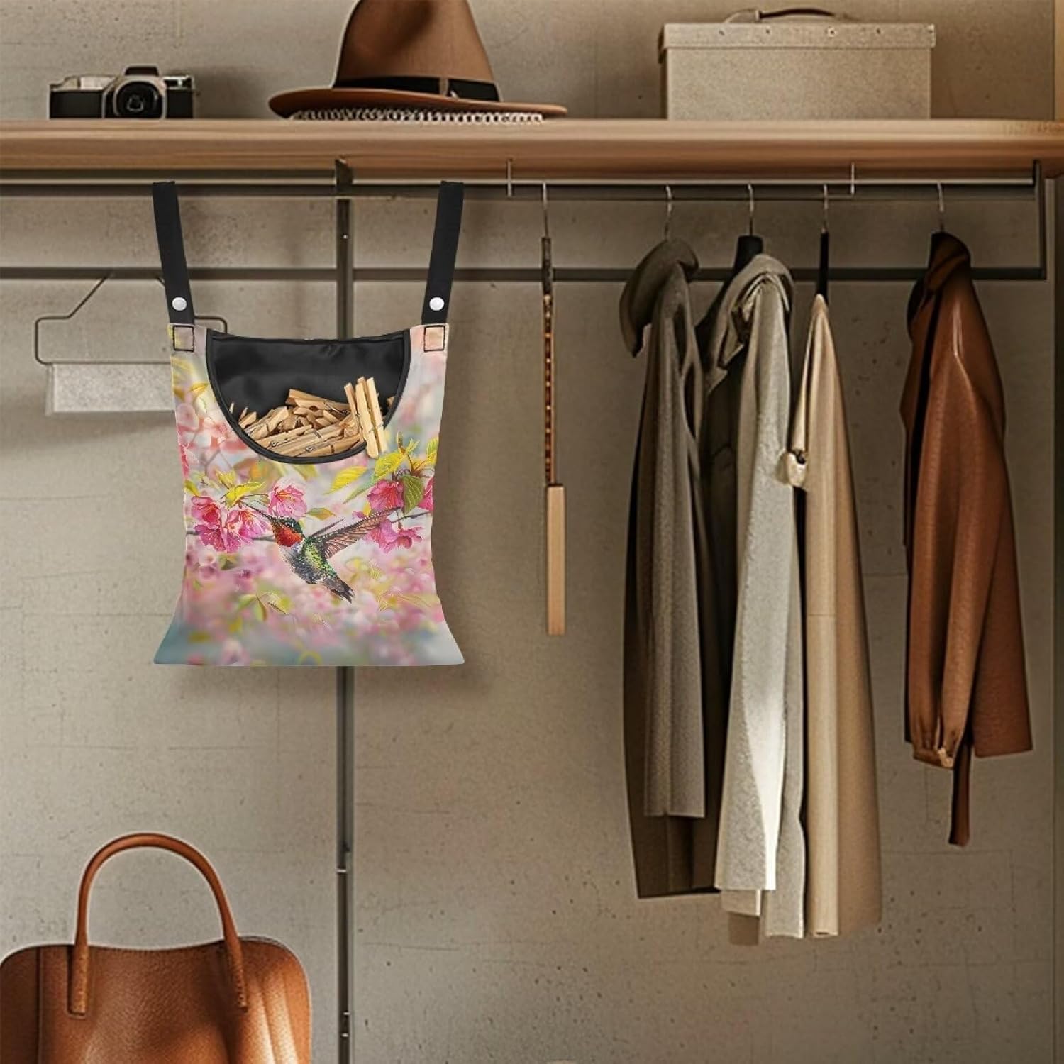 Hummingbird Clothespin Bag with Hanging Rope Cherry Blossom 14.5 x 12 Inch Summer Waterproof