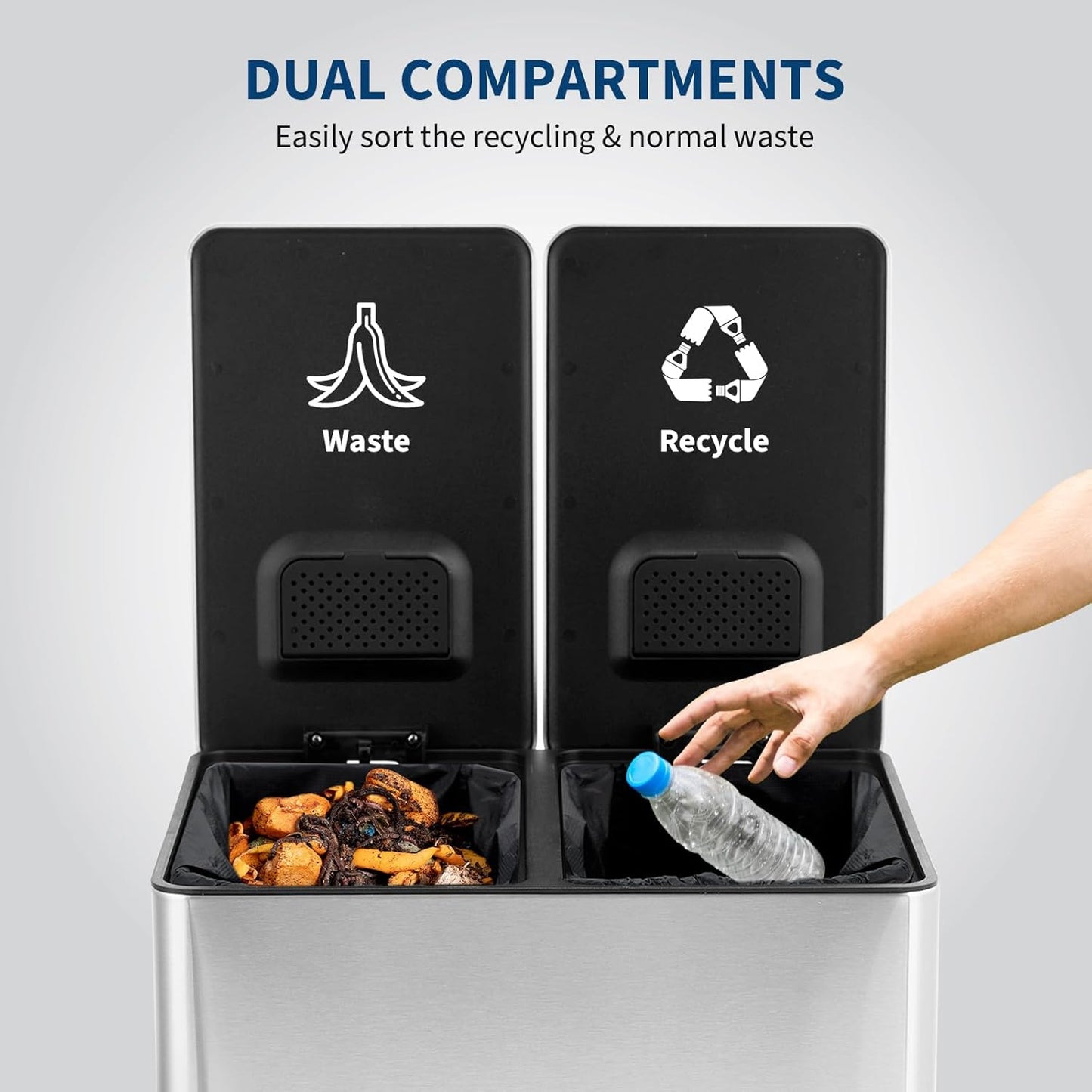 GarveeHome Dual Trash Can, 2x4 Gallon (2x15L) Stainless Steel Step Trash Can, Rectangular Garbage