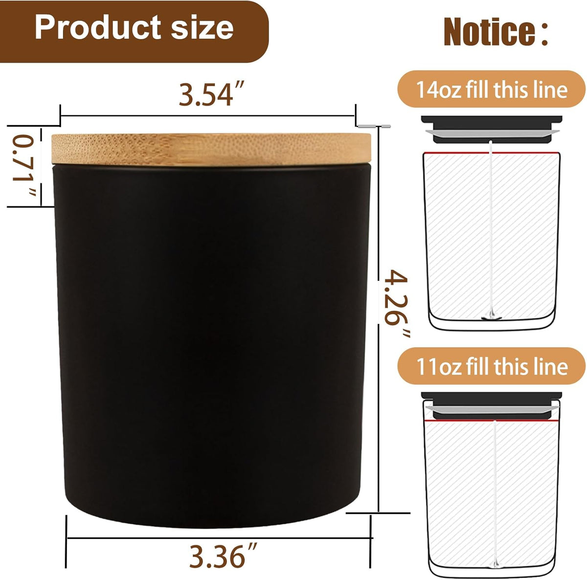 CONNOO 8 Pack 14 OZ Empty Black Glass Candle Jars for Making Candles with Bamboo Lids and Sticky