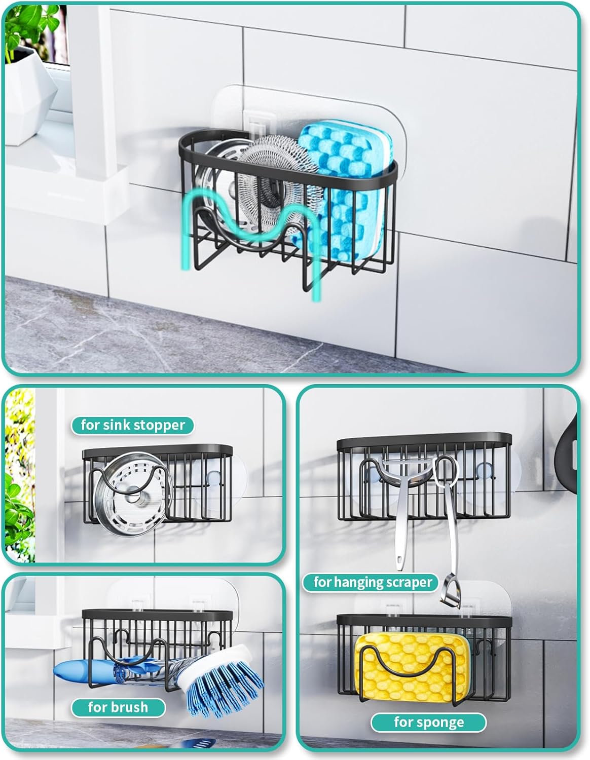 HapiRm Multifunctional Sponge Holder with Unique M-Shaped, 2 Installation Methods Kitchen Sink