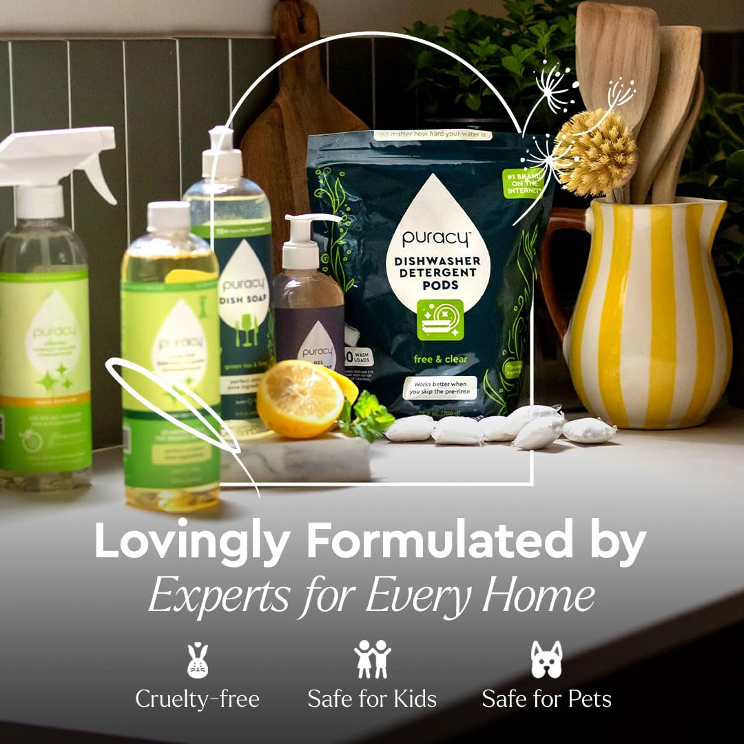Puracy Dishwasher Pods, Natural Dishwasher Detergent, Citrus Skies Dish tabs - Enzyme-Powered, Spot
