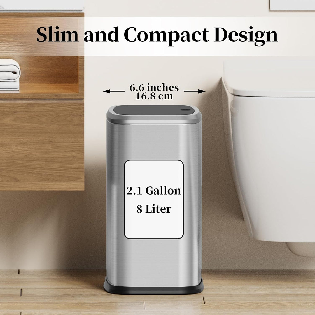 2.1 Gallon Bathroom Trash Can with Lid Press Top, 8 Liter Stainless Steel Garbage Can with Press