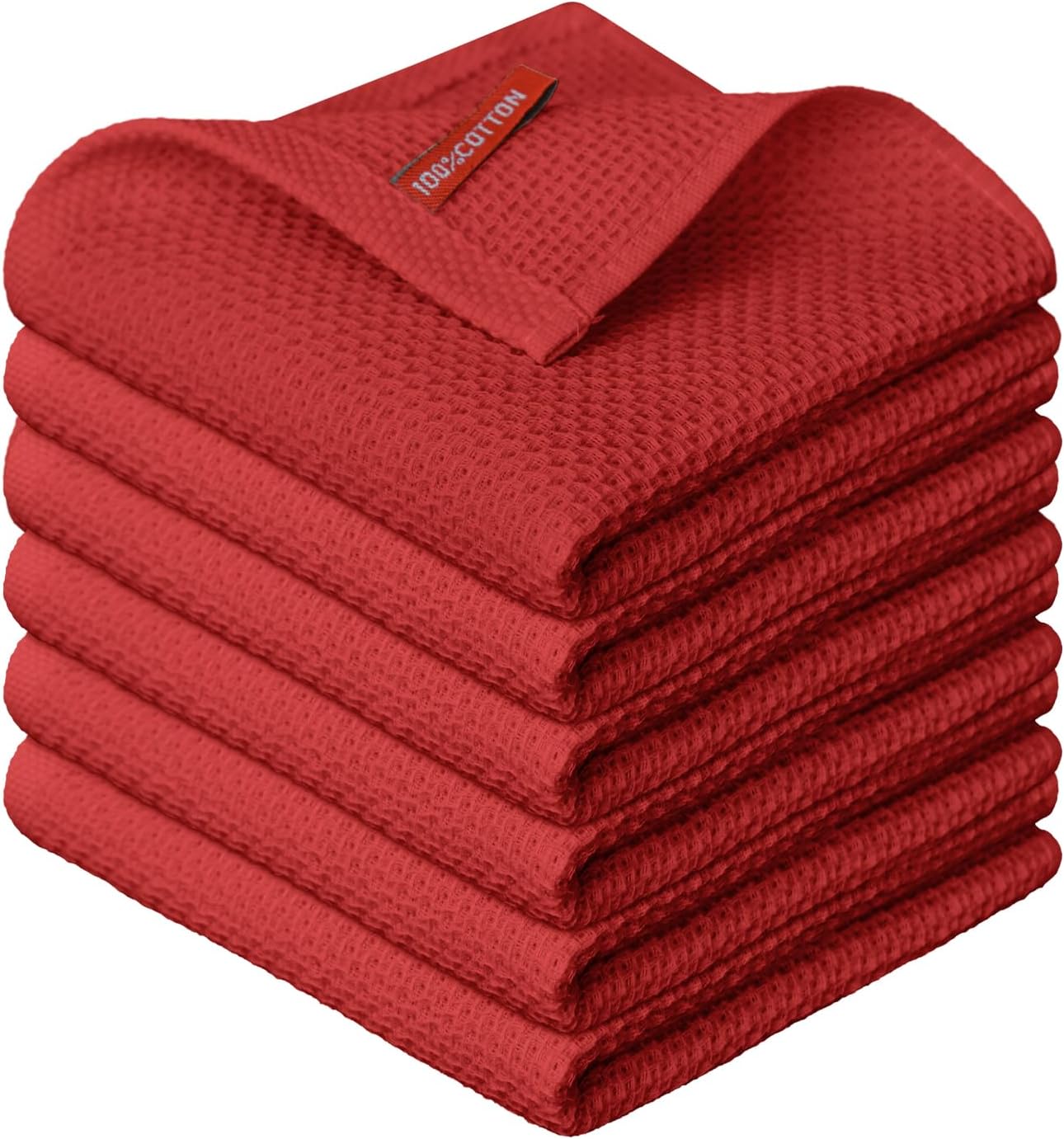 Artoid Mode 100% Cotton Dark Red Waffle Weave Kitchen Dish Cloths, 12x12 Inch Ultra Soft Absorbent