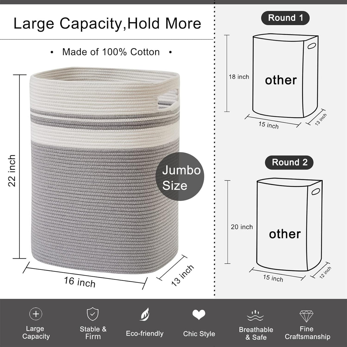 OIAHOMY Laundry Hamper, Tall Cotton Decorative Blanket Storage Basket with Handles for Living
