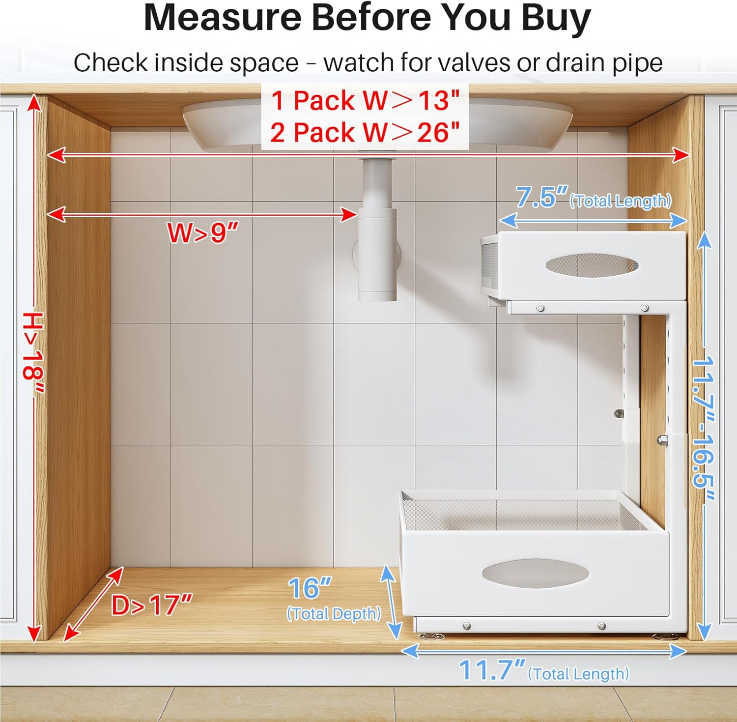 Under Sink Organizer, 2 Tier Pull Out Under Cabinet Organizer Shelf with Pad for Framed Cabinets