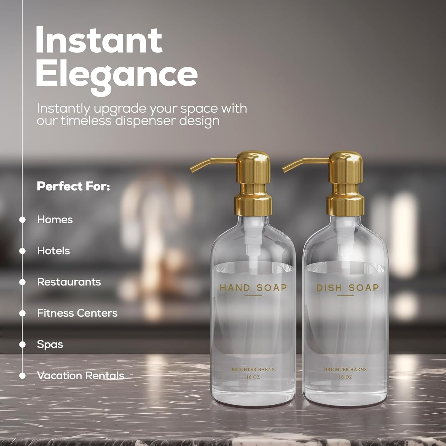 Luxury Glass Soap Dispenser Set by Brighter Barns - Hand and Dish Soap Dispenser for Kitchen Sink