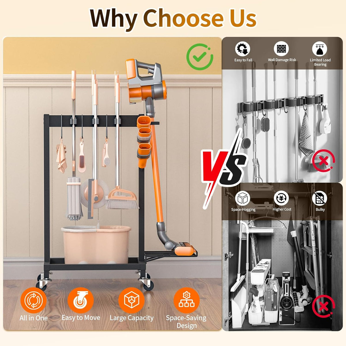 Cleaning Supplies Organizer with Broom Holder Load 160 LBS Cleaning Cart with Wheels Broom Closet