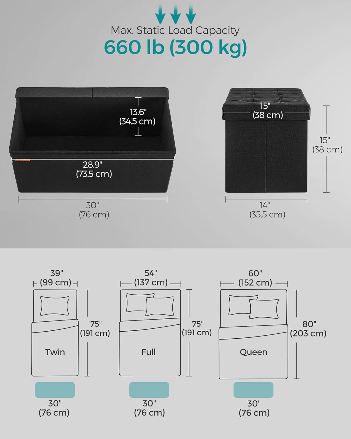 SONGMICS Mazie Collection - 30 Inches Storage Ottoman, Foldable Storage Bench with Flipping Lid