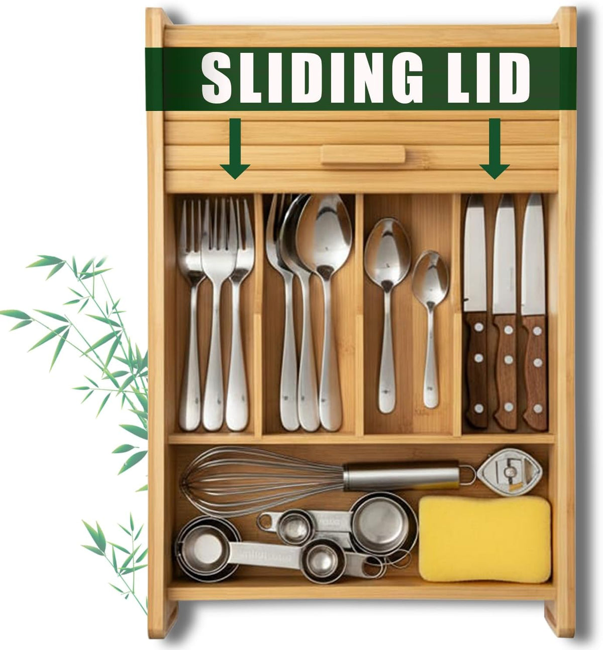 KozyKoala & Co. Bamboo Drawer Organizer with Sliding Lid - 5 Slot Kitchen Drawer Organizer &